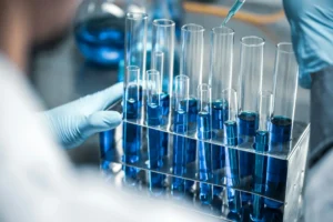 Drug stability testing in a laboratory with test tubes containing blue solutions
