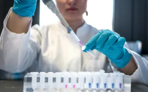 Laboratory professional using a pipette to prepare samples for pharmaceutical batch release testing.
